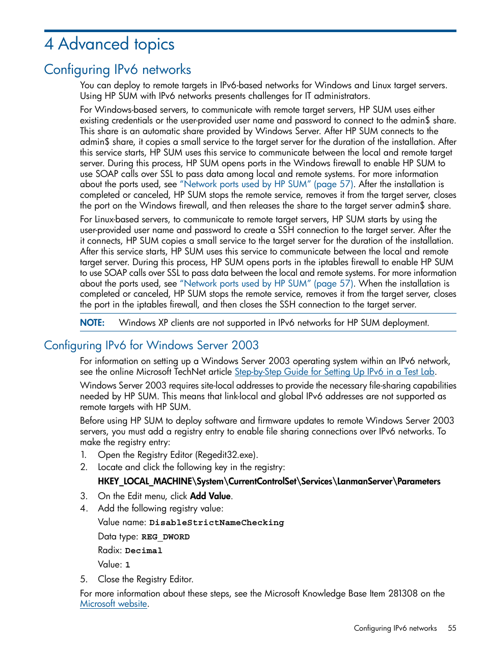 4 advanced topics, Configuring ipv6 networks, Configuring ipv6 for windows server 2003 | HP Smart Update Manager User Manual | Page 55 / 77