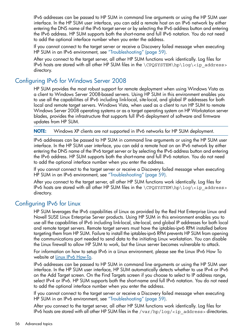 Configuring ipv6 for windows server 2008, Configuring ipv6 for linux | HP Smart Update Manager User Manual | Page 56 / 77