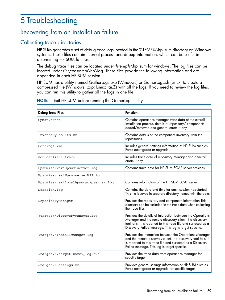 5 troubleshooting, Recovering from an installation failure, Collecting trace directories | HP Smart Update Manager User Manual | Page 59 / 77