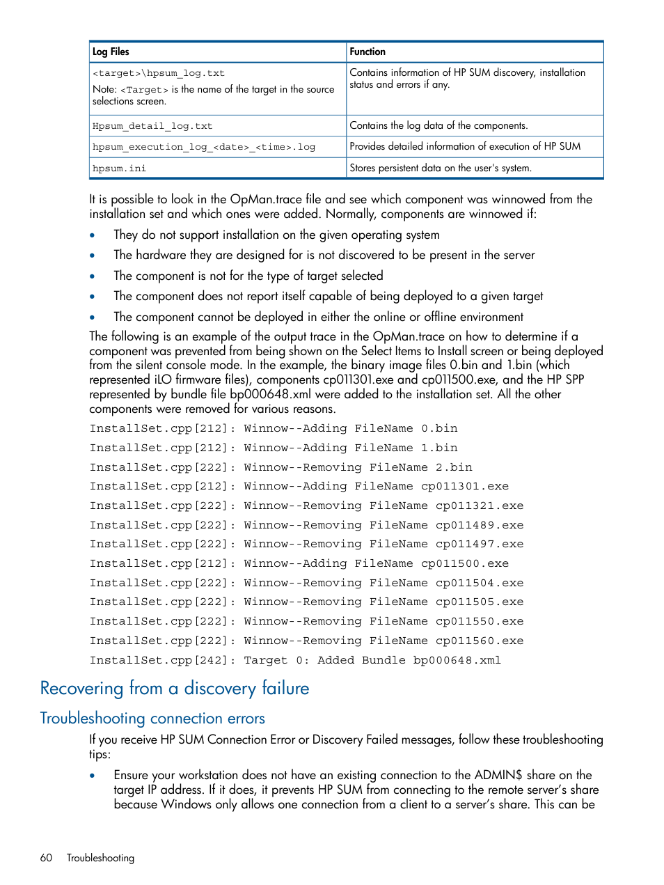 Recovering from a discovery failure, Troubleshooting connection errors | HP Smart Update Manager User Manual | Page 60 / 77