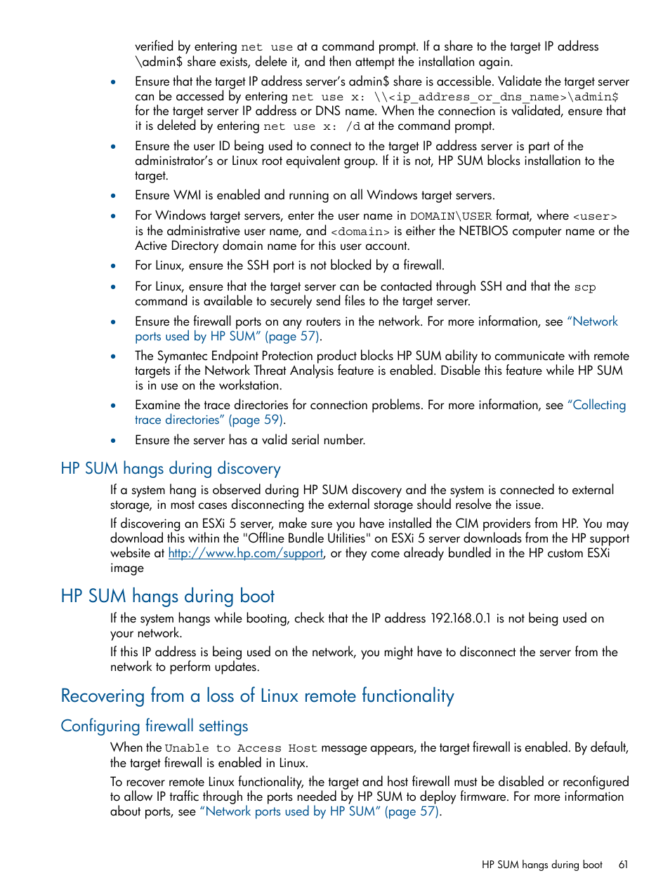 Hp sum hangs during discovery, Hp sum hangs during boot, Configuring firewall settings | HP Smart Update Manager User Manual | Page 61 / 77