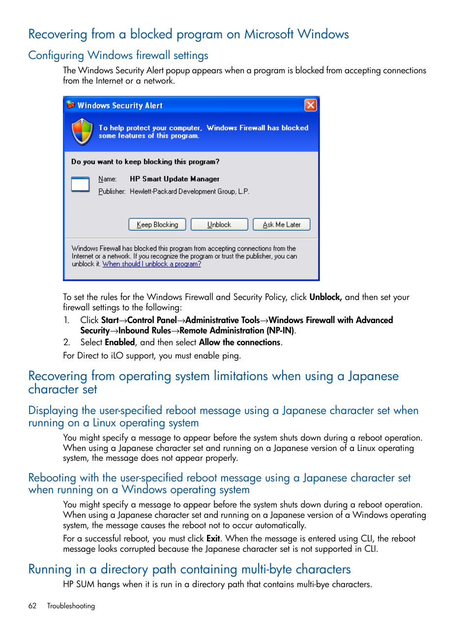 Configuring windows firewall settings | HP Smart Update Manager User Manual | Page 62 / 77