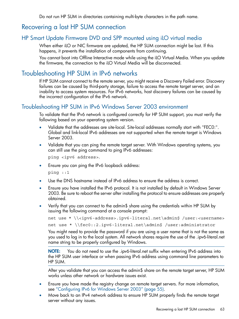 Recovering a lost hp sum connection, Troubleshooting hp sum in ipv6 networks | HP Smart Update Manager User Manual | Page 63 / 77