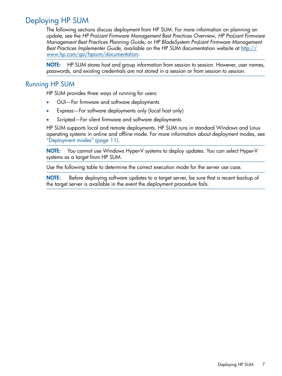 Deploying hp sum, Running hp sum | HP Smart Update Manager User Manual | Page 7 / 77