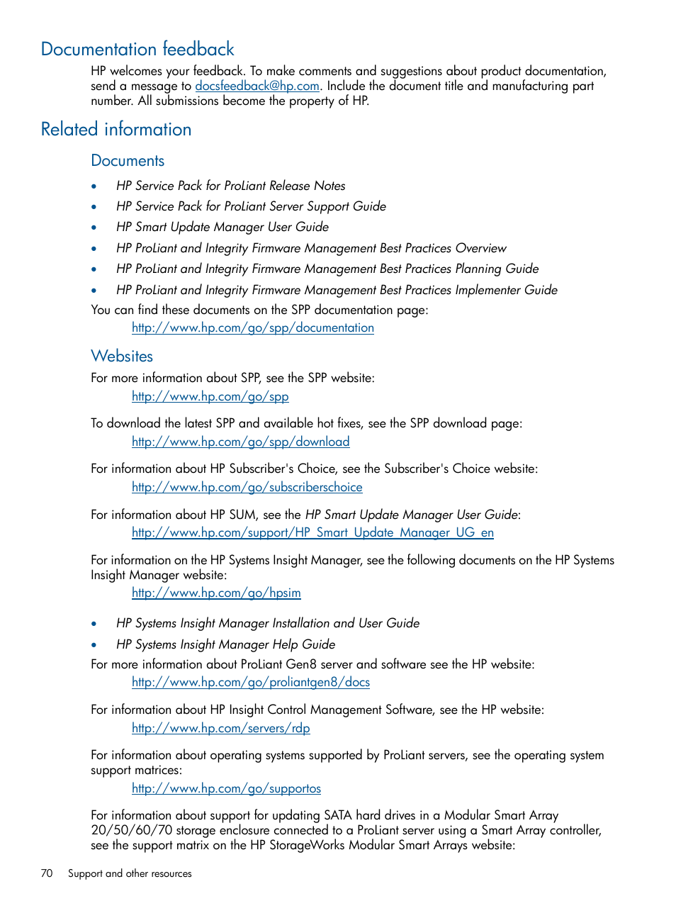 Documentation feedback, Related information, Documentation feedback related information | Documents, Websites | HP Smart Update Manager User Manual | Page 70 / 77