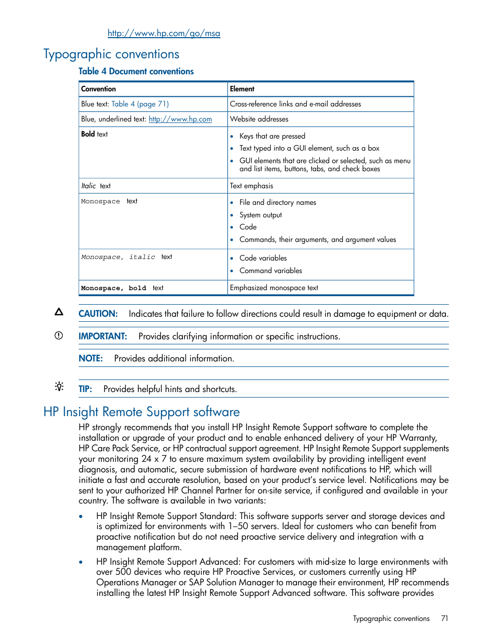 Typographic conventions, Hp insight remote support software | HP Smart Update Manager User Manual | Page 71 / 77