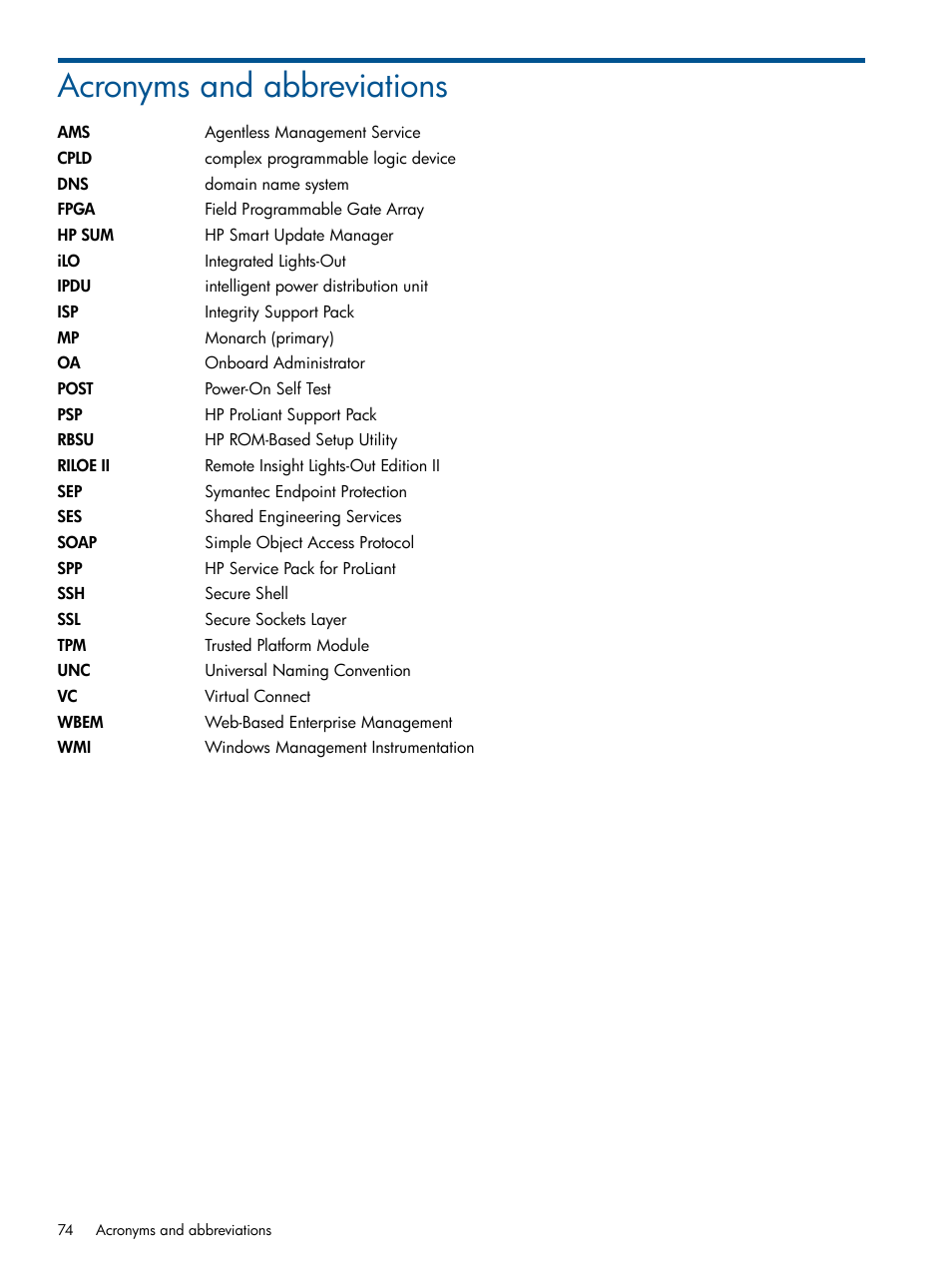 Acronyms and abbreviations | HP Smart Update Manager User Manual | Page 74 / 77