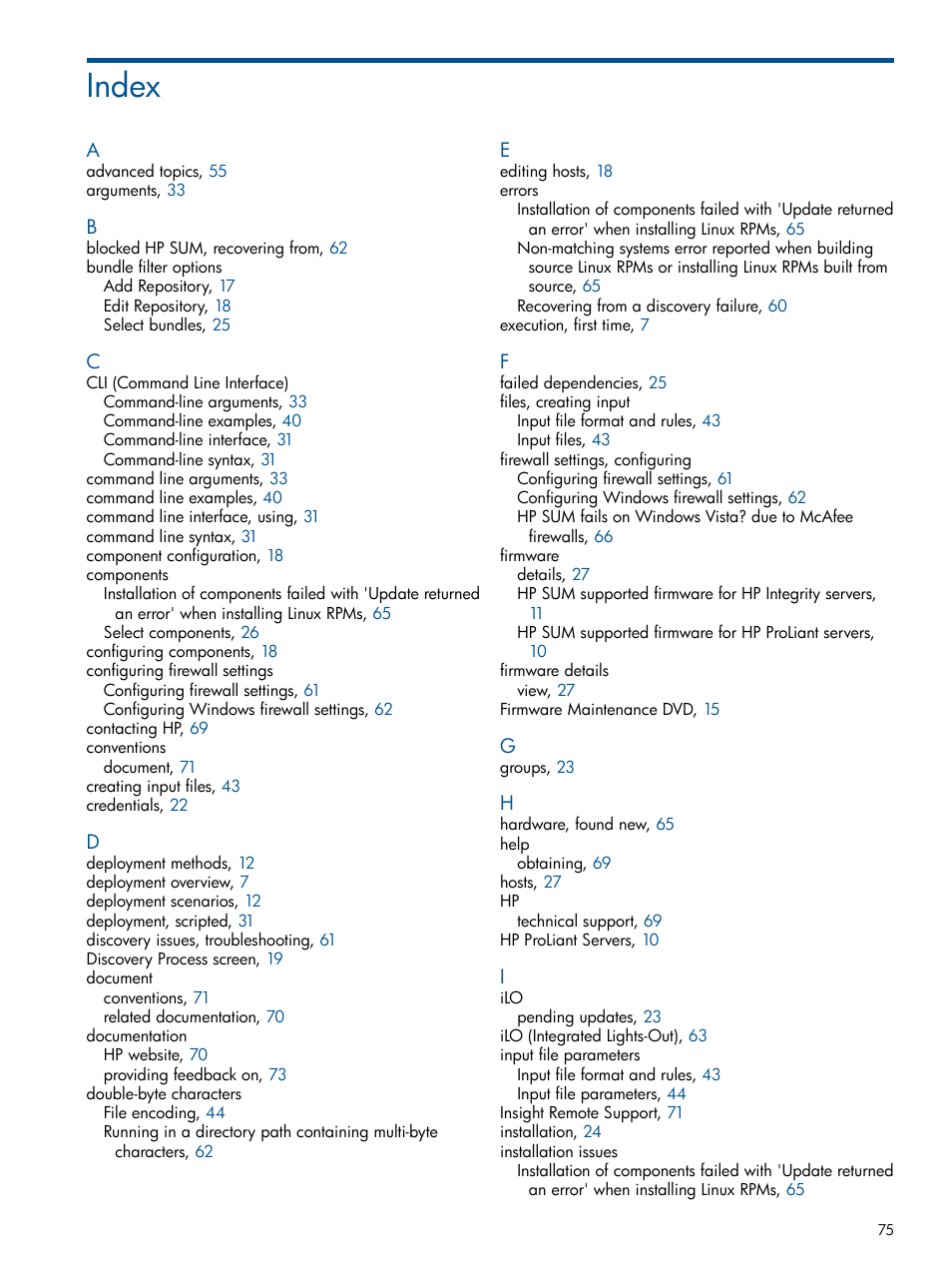 Index | HP Smart Update Manager User Manual | Page 75 / 77