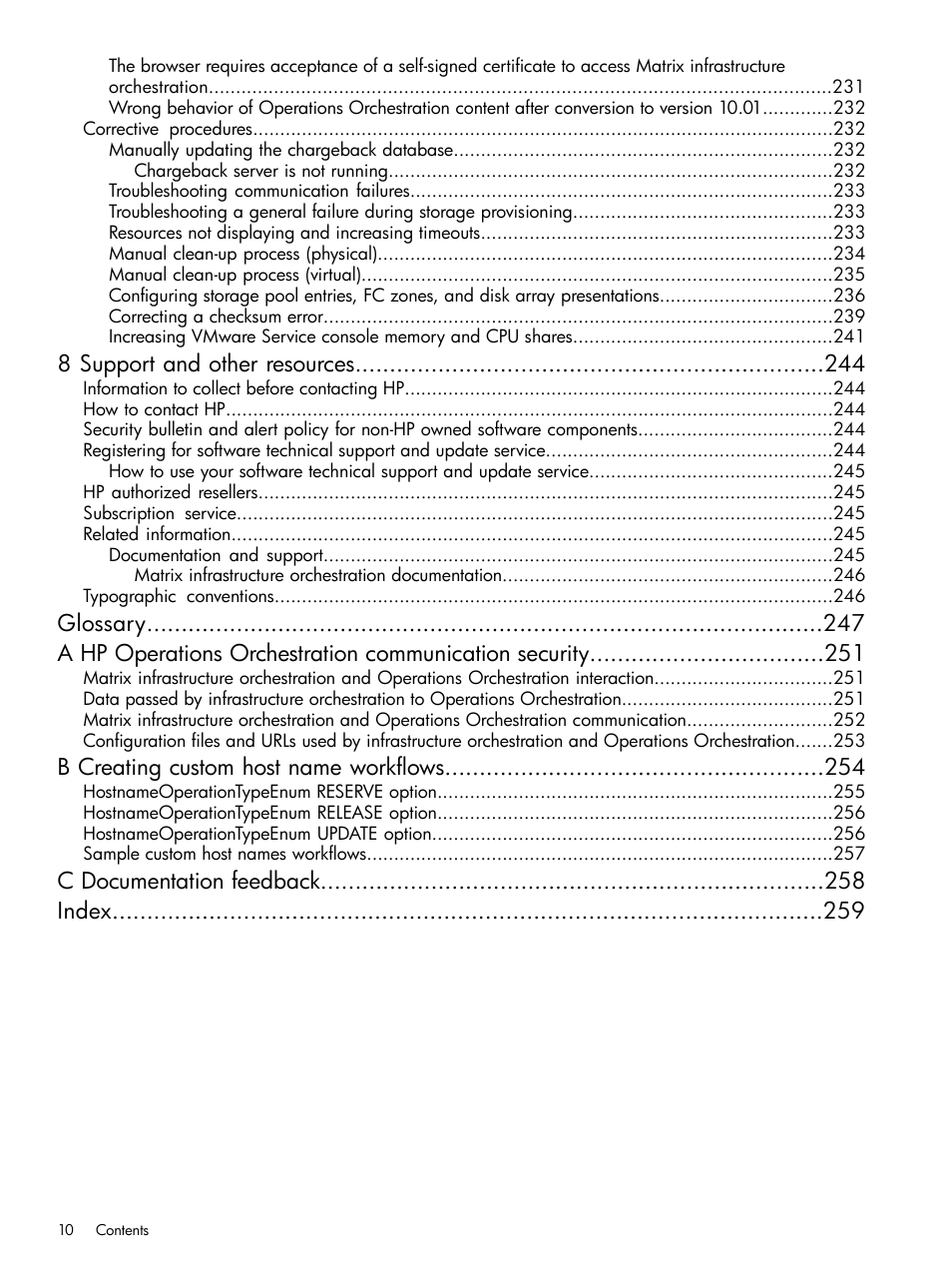 8 support and other resources, B creating custom host name workflows, C documentation feedback index | HP Matrix Operating Environment Software User Manual | Page 10 / 264