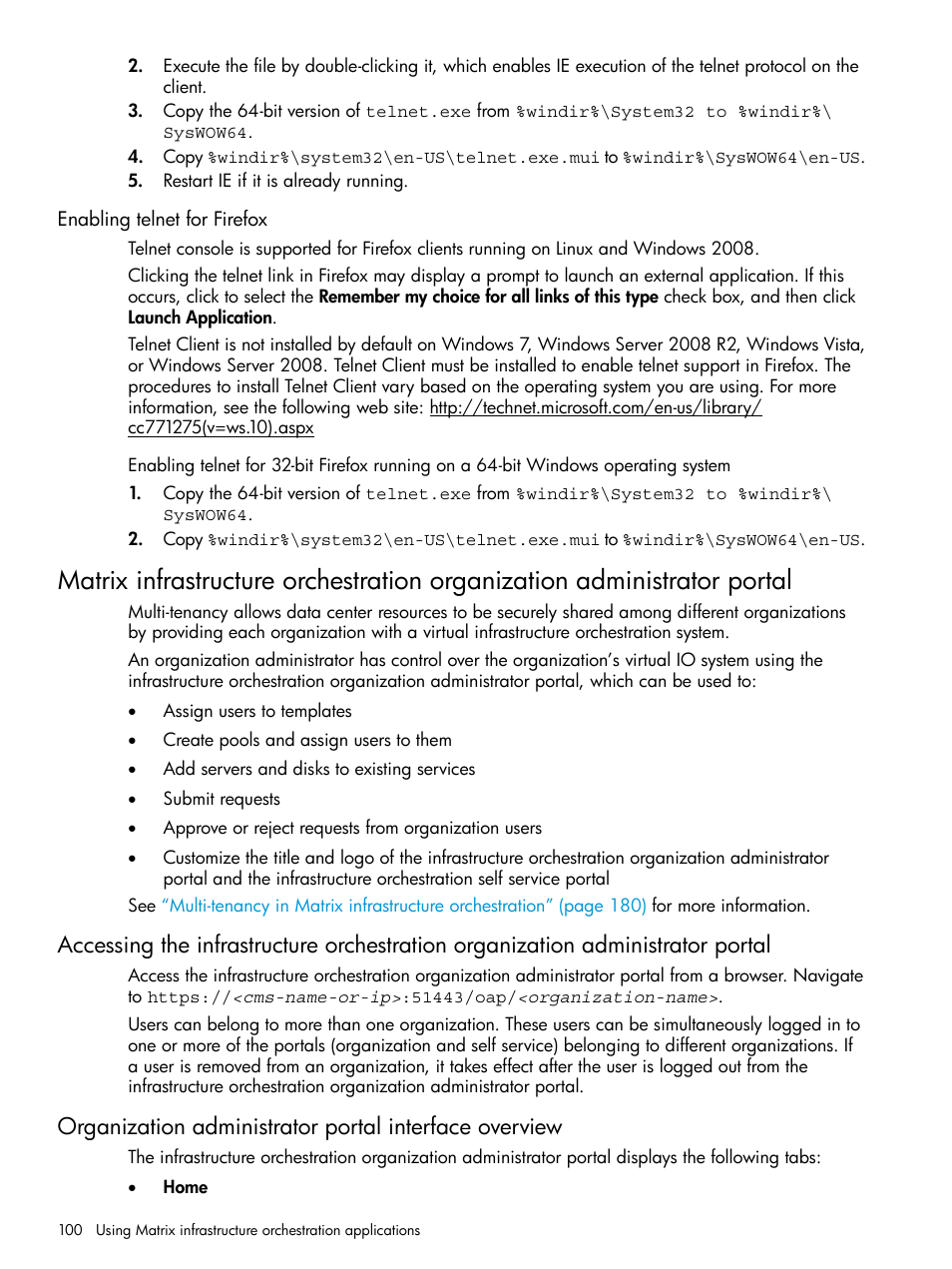 Enabling telnet for firefox | HP Matrix Operating Environment Software User Manual | Page 100 / 264