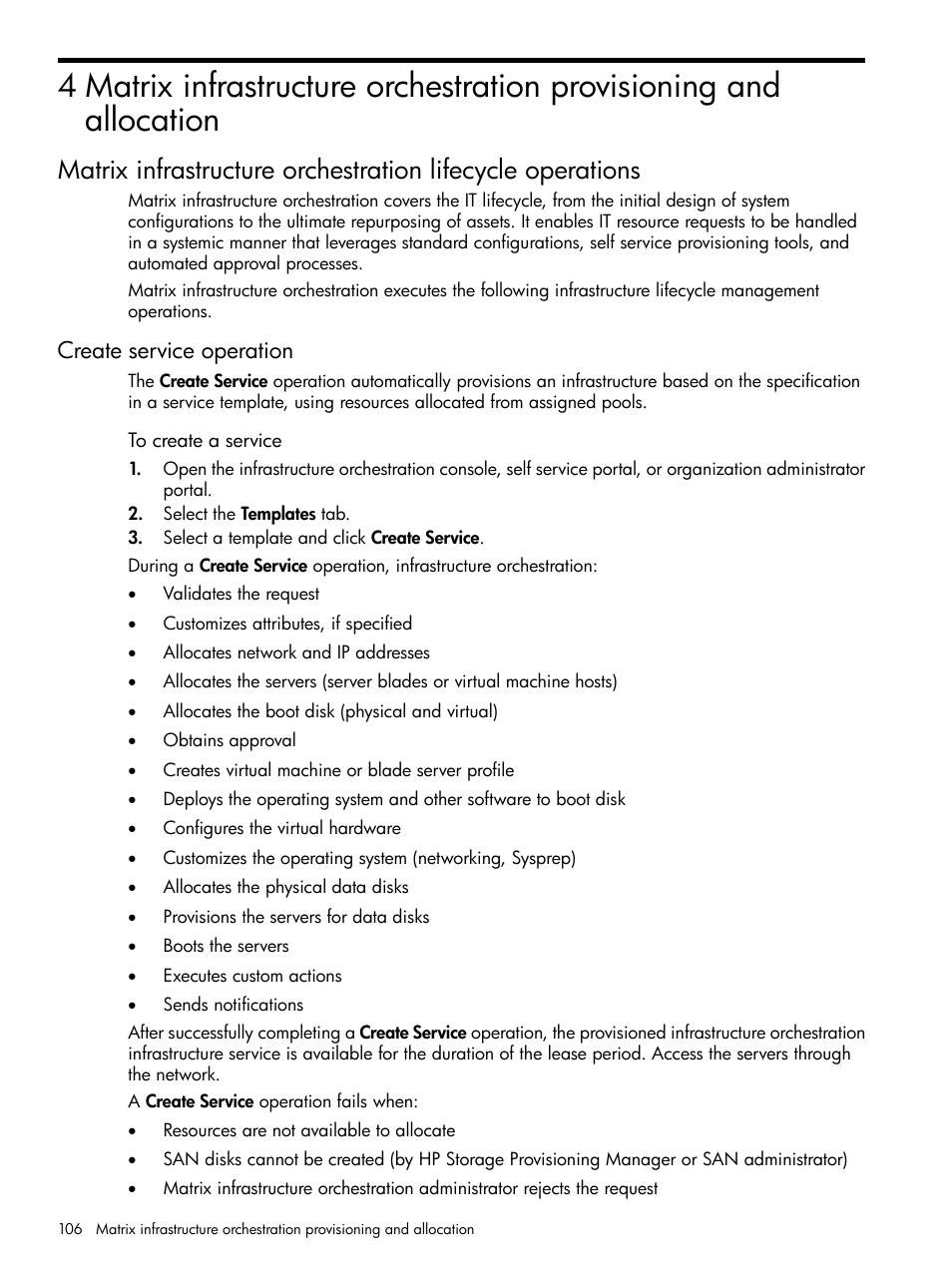 Create service operation | HP Matrix Operating Environment Software User Manual | Page 106 / 264