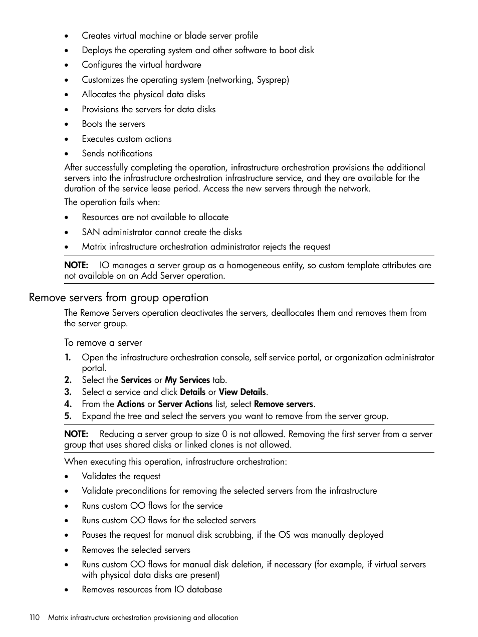 Remove servers from group operation | HP Matrix Operating Environment Software User Manual | Page 110 / 264