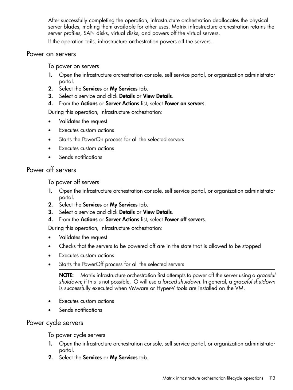 Power on servers, Power off servers, Power cycle servers | HP Matrix Operating Environment Software User Manual | Page 113 / 264