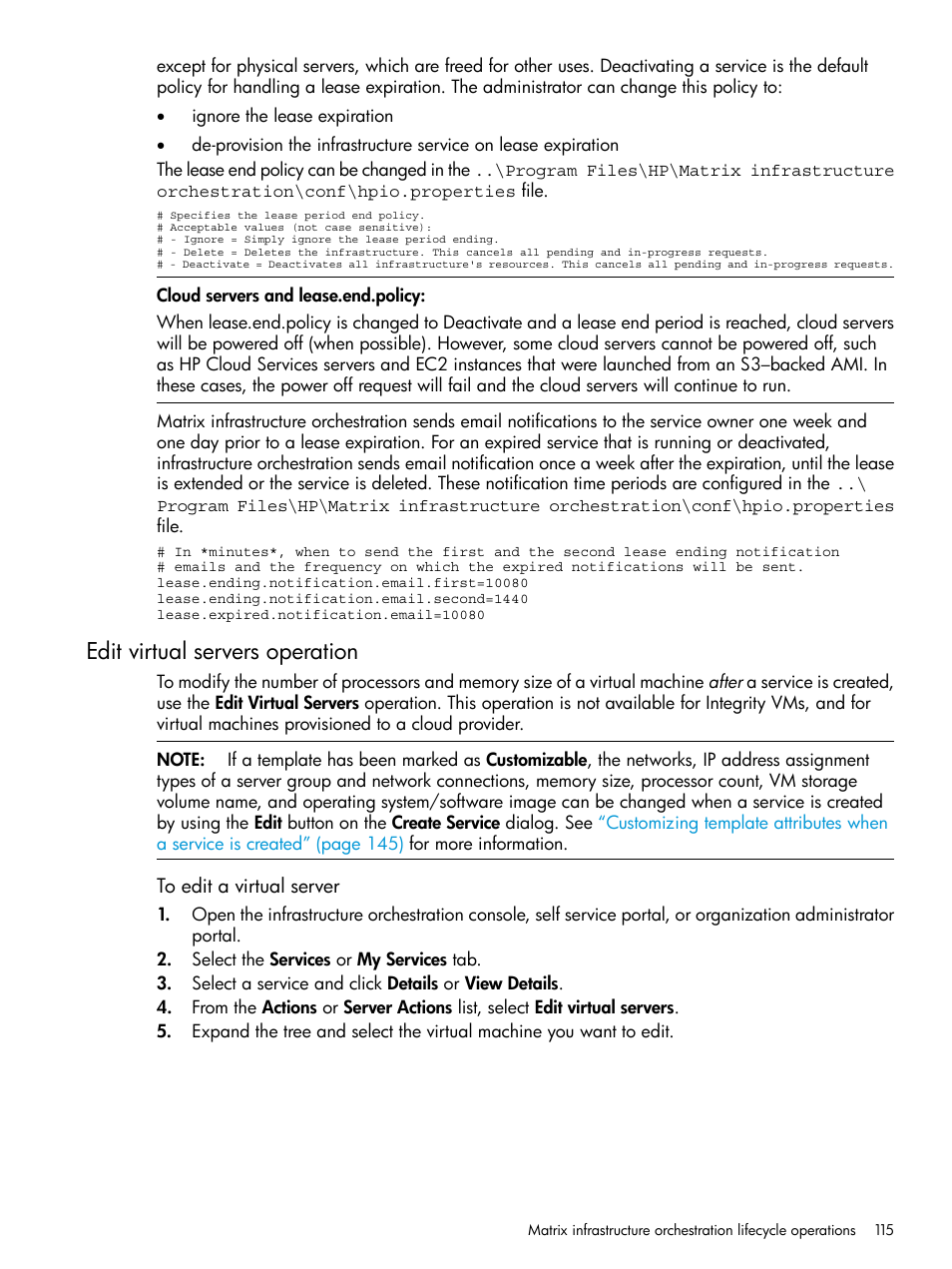 Edit virtual servers operation | HP Matrix Operating Environment Software User Manual | Page 115 / 264