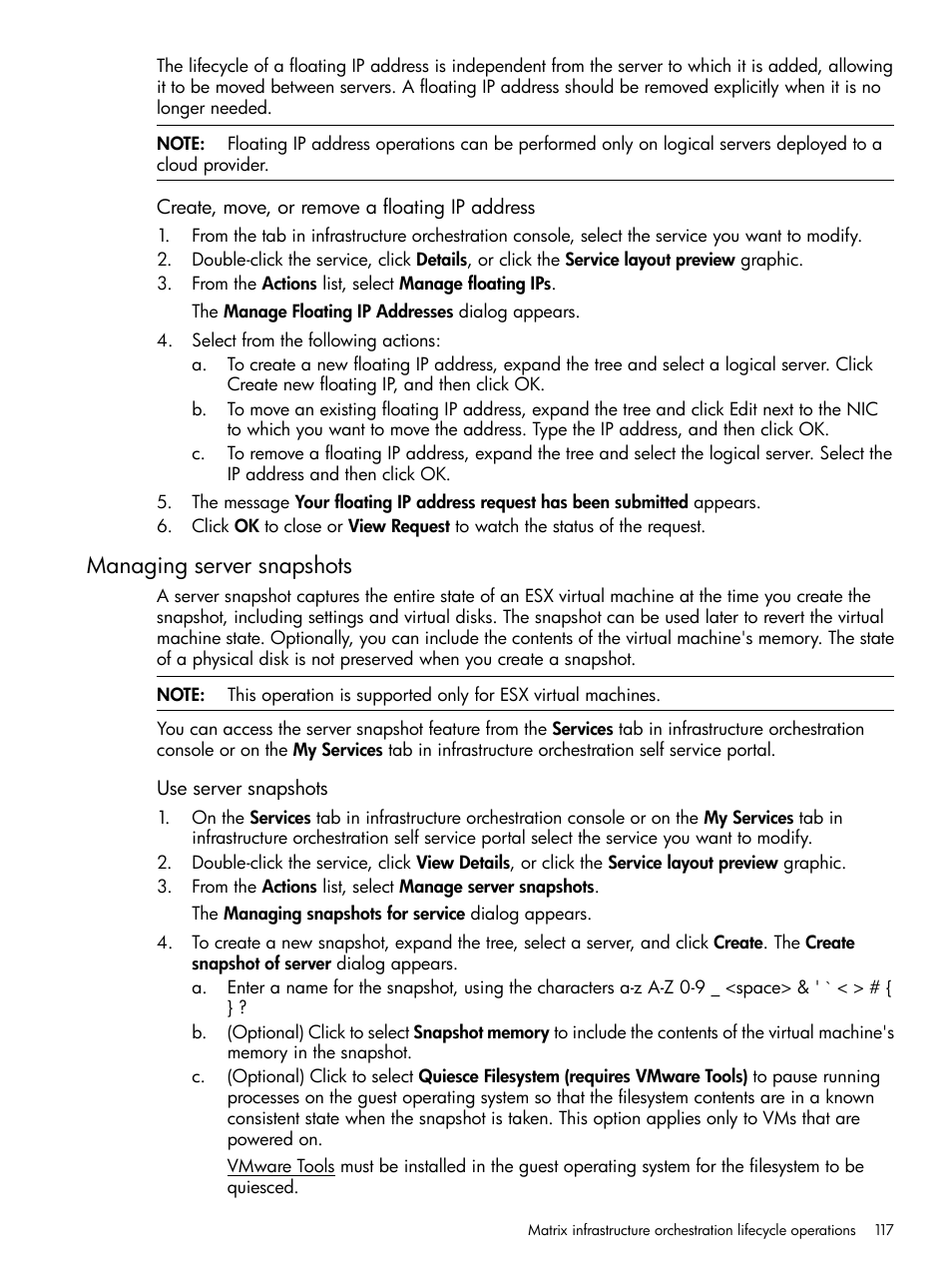 Managing server snapshots | HP Matrix Operating Environment Software User Manual | Page 117 / 264