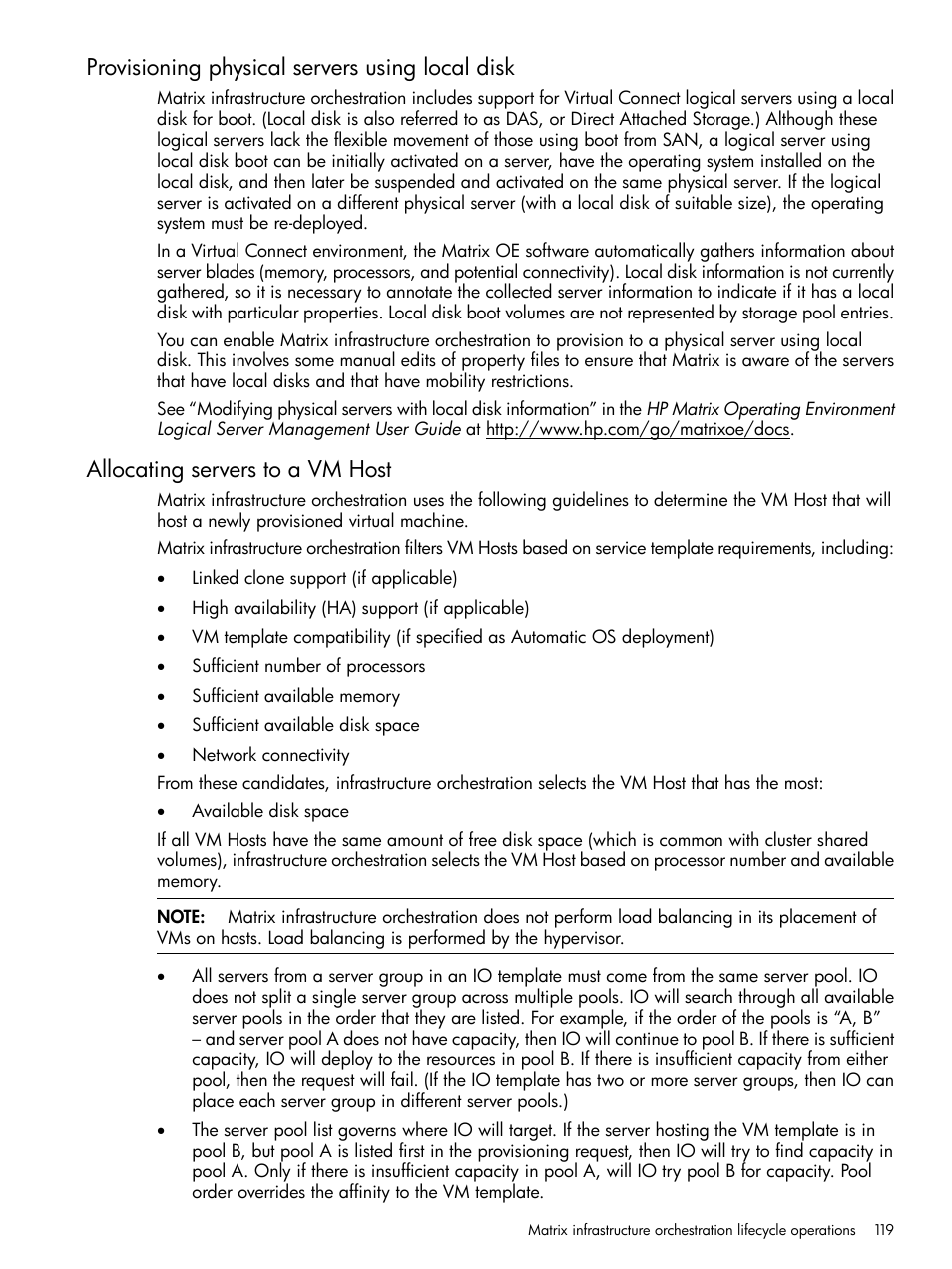 Provisioning physical servers using local disk, Allocating servers to a vm host | HP Matrix Operating Environment Software User Manual | Page 119 / 264