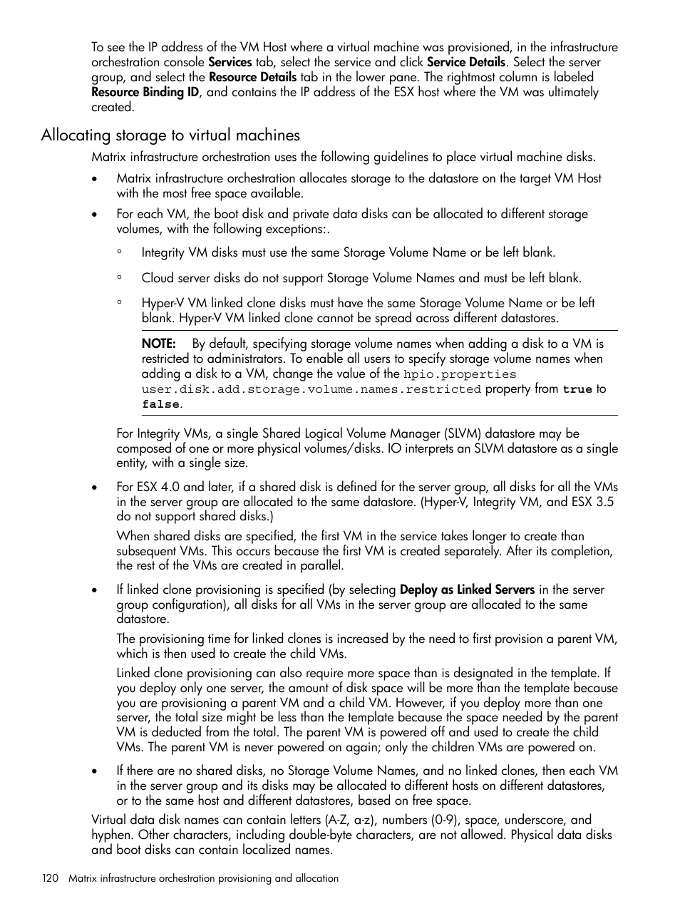 Allocating storage to virtual machines | HP Matrix Operating Environment Software User Manual | Page 120 / 264