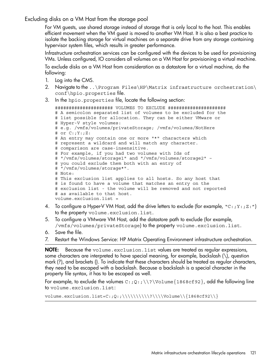 Excluding disks on a vm host from the storage pool | HP Matrix Operating Environment Software User Manual | Page 121 / 264
