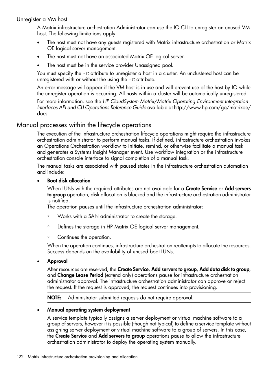 Unregister a vm host, Manual processes within the lifecycle operations | HP Matrix Operating Environment Software User Manual | Page 122 / 264