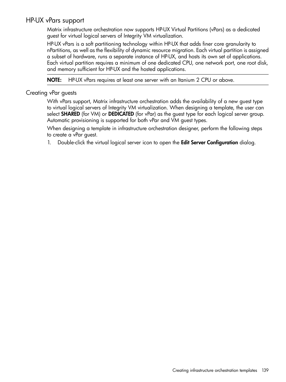 Hp-ux vpars support, Creating vpar guests | HP Matrix Operating Environment Software User Manual | Page 139 / 264