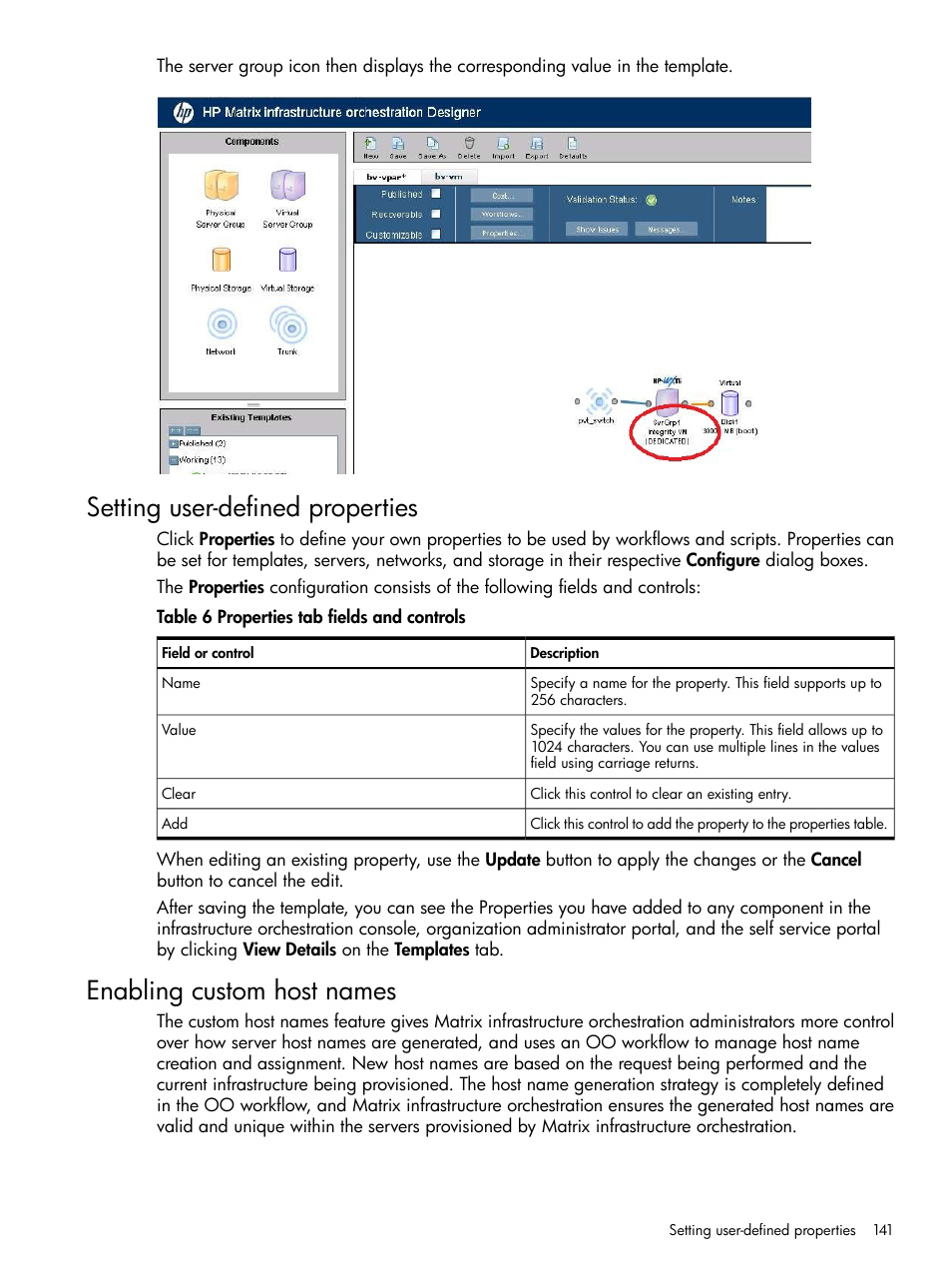 Setting user-defined properties, Enabling custom host names | HP Matrix Operating Environment Software User Manual | Page 141 / 264
