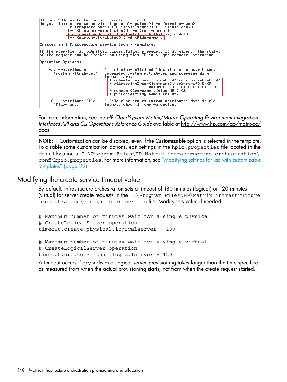 Modifying the create service timeout value | HP Matrix Operating Environment Software User Manual | Page 148 / 264