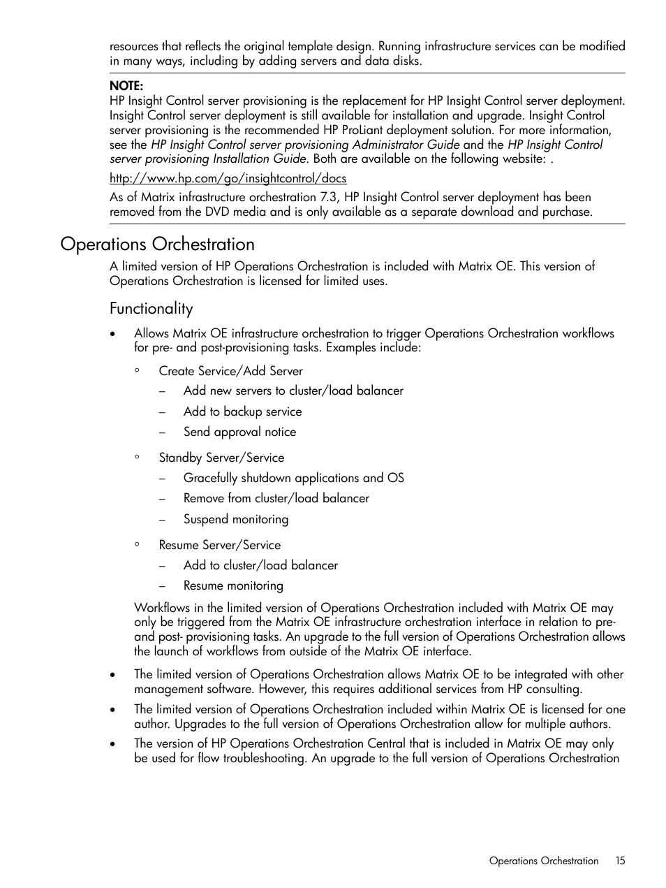 Operations orchestration, Functionality | HP Matrix Operating Environment Software User Manual | Page 15 / 264