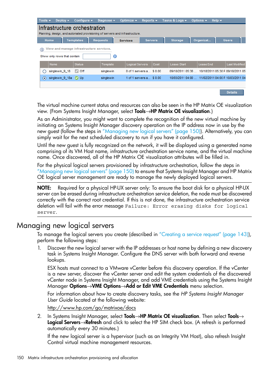 Managing new logical servers | HP Matrix Operating Environment Software User Manual | Page 150 / 264