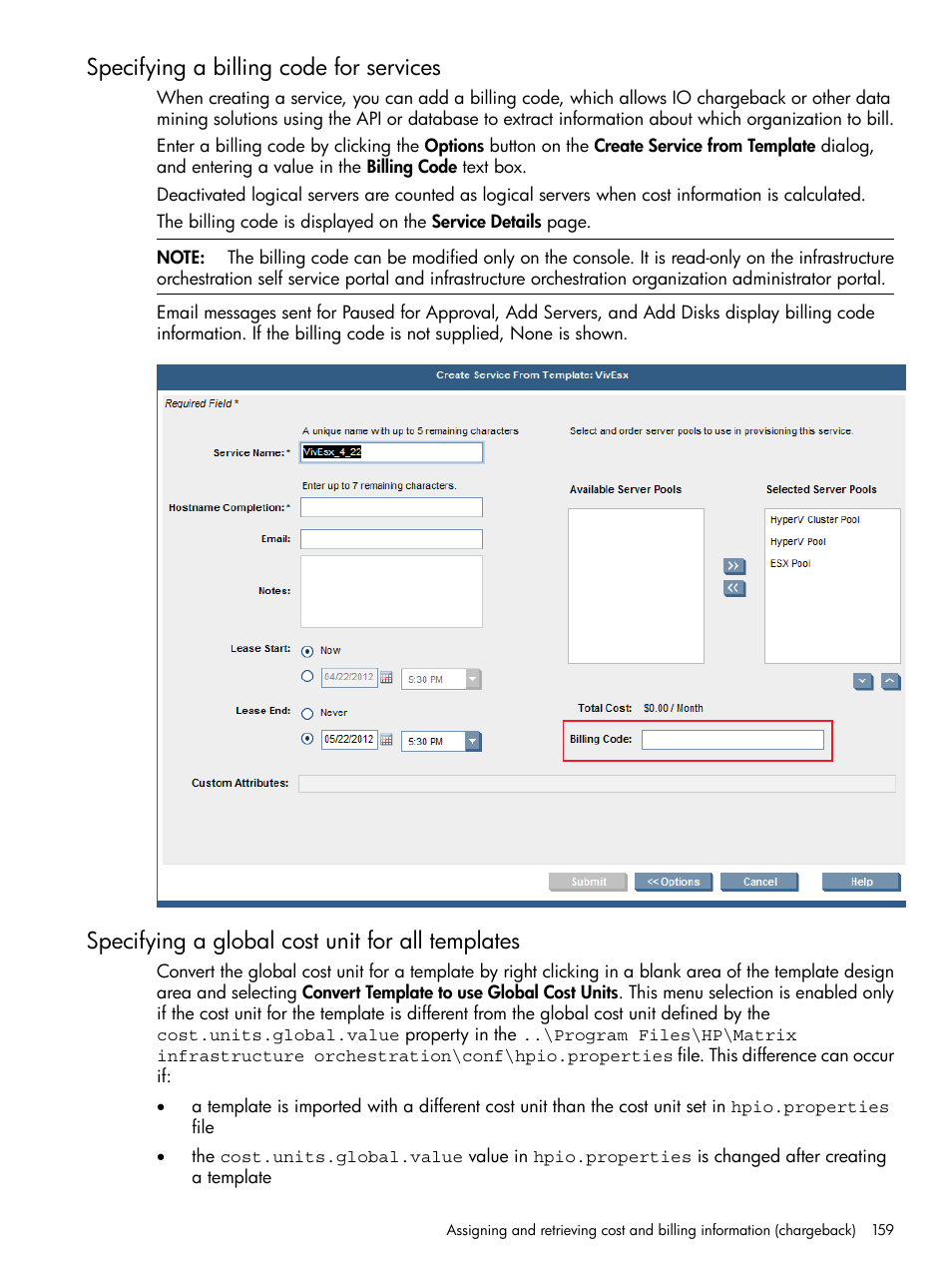 Specifying a billing code for services, Specifying a global cost unit for all templates, Specifying a billing code for | HP Matrix Operating Environment Software User Manual | Page 159 / 264