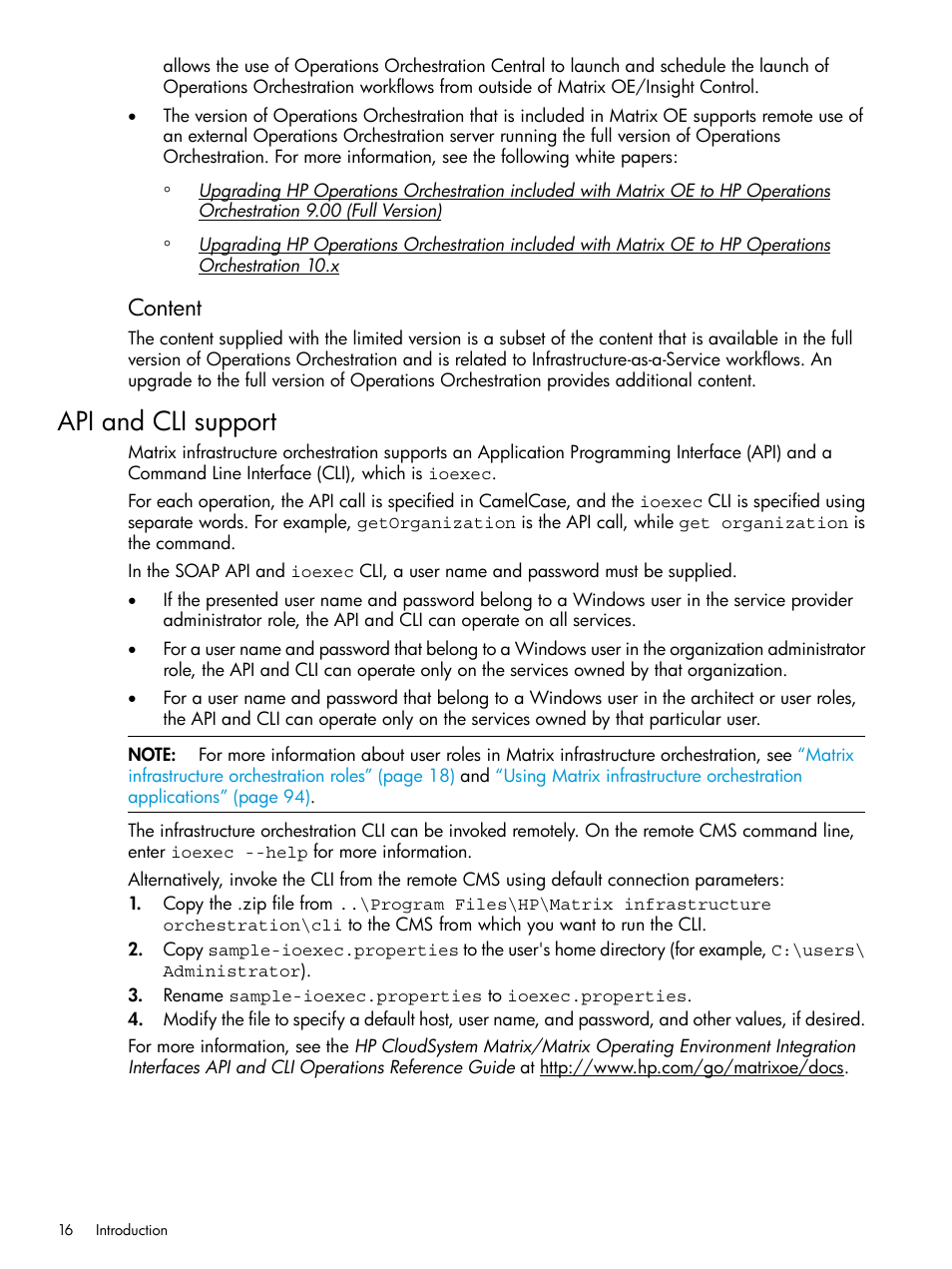 Api and cli support, Content | HP Matrix Operating Environment Software User Manual | Page 16 / 264