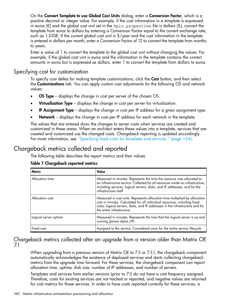 Specifying cost for customization, Chargeback metrics collected and reported | HP Matrix Operating Environment Software User Manual | Page 160 / 264