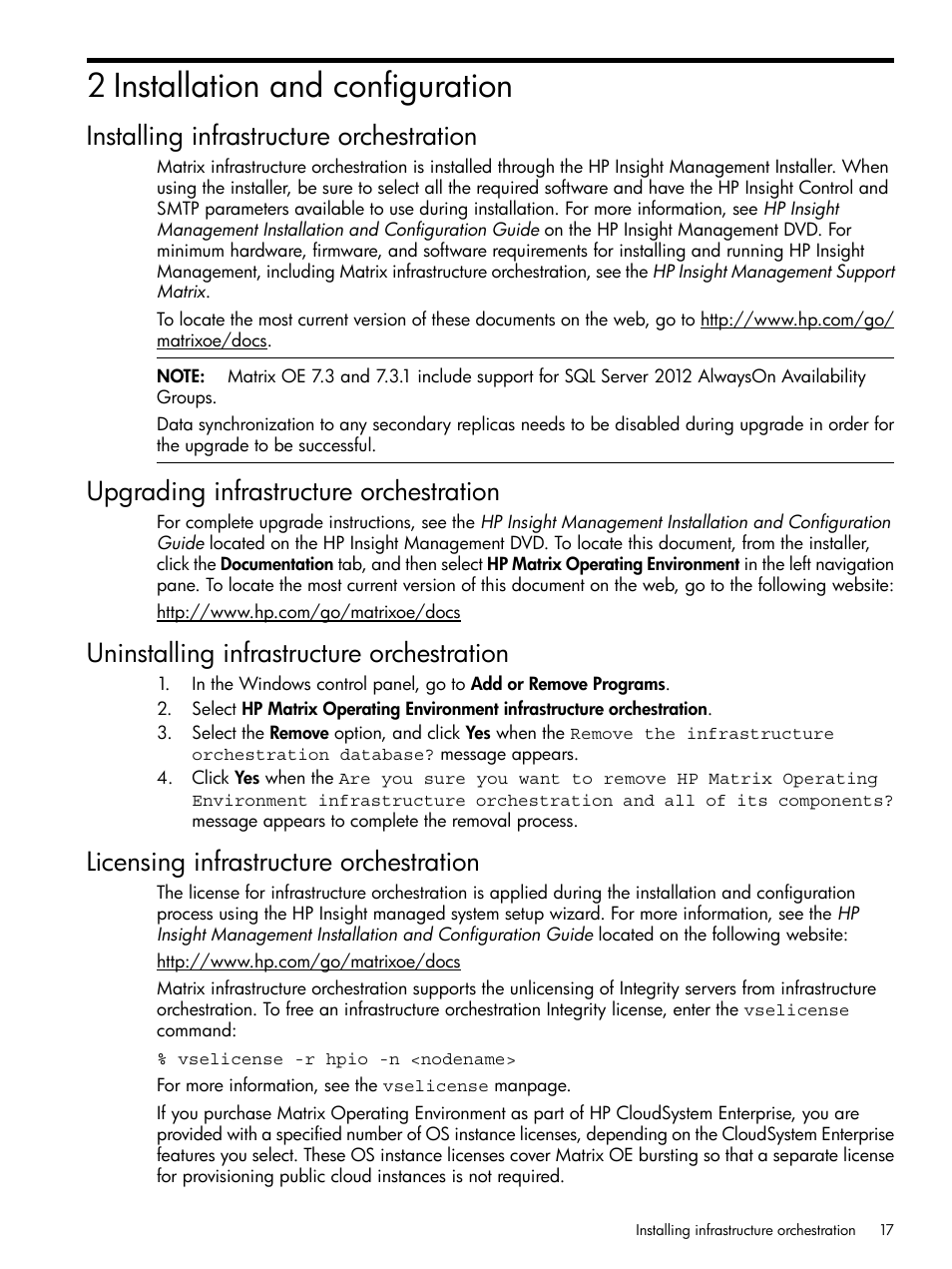 2 installation and configuration, Installing infrastructure orchestration, Upgrading infrastructure orchestration | Uninstalling infrastructure orchestration, Licensing infrastructure orchestration | HP Matrix Operating Environment Software User Manual | Page 17 / 264
