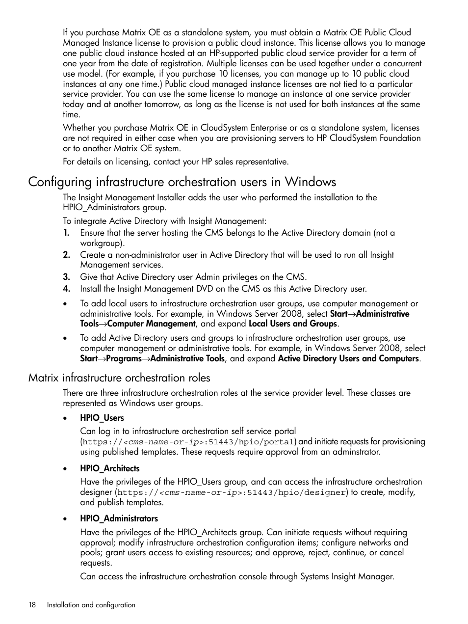 Matrix infrastructure orchestration roles, Matrix | HP Matrix Operating Environment Software User Manual | Page 18 / 264