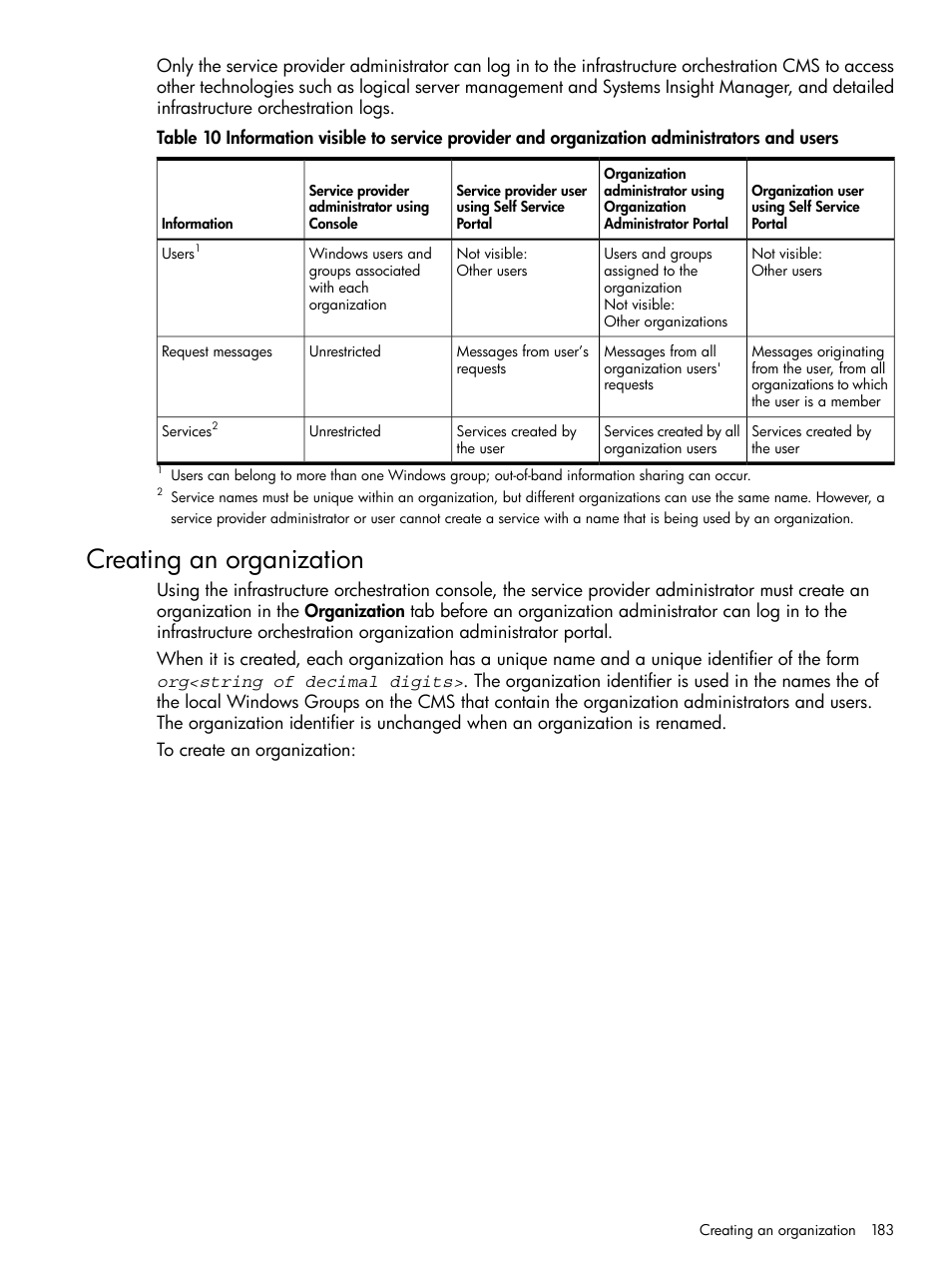 Creating an organization, Creating an | HP Matrix Operating Environment Software User Manual | Page 183 / 264