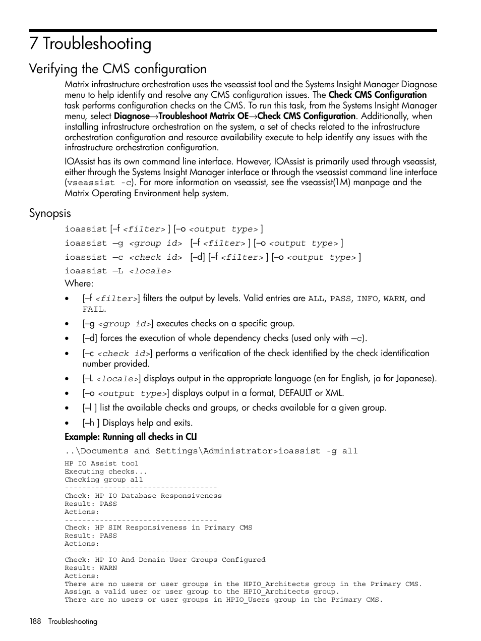7 troubleshooting, Verifying the cms configuration, Synopsis | HP Matrix Operating Environment Software User Manual | Page 188 / 264