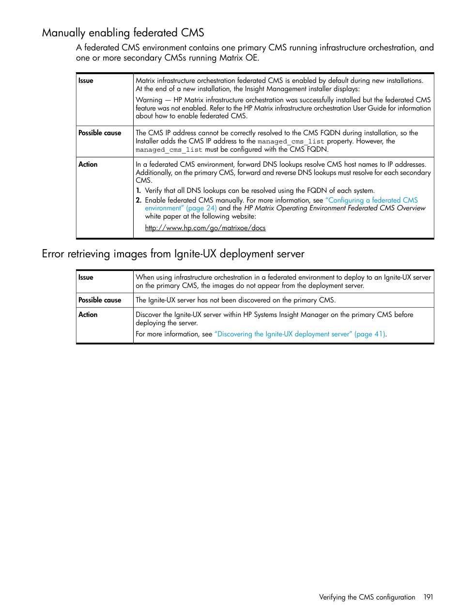 Manually enabling federated cms | HP Matrix Operating Environment Software User Manual | Page 191 / 264