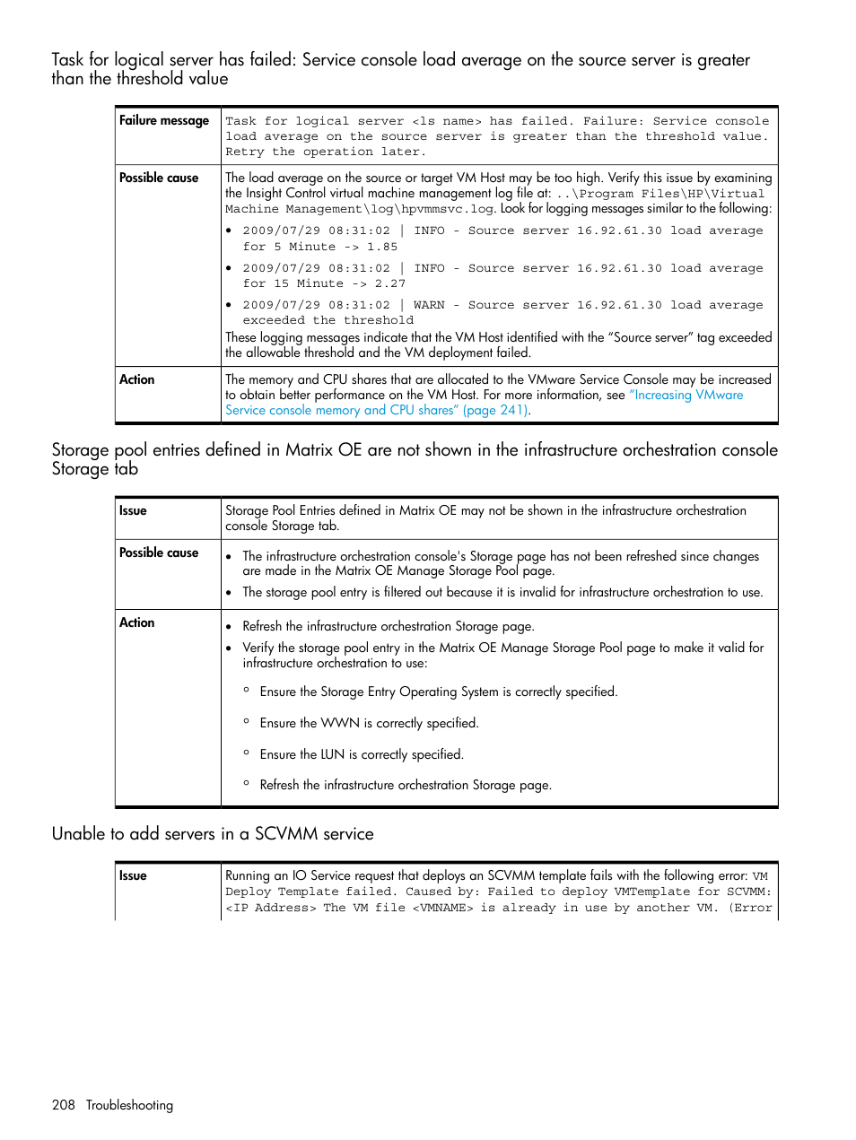 Unable to add servers in a scvmm service | HP Matrix Operating Environment Software User Manual | Page 208 / 264