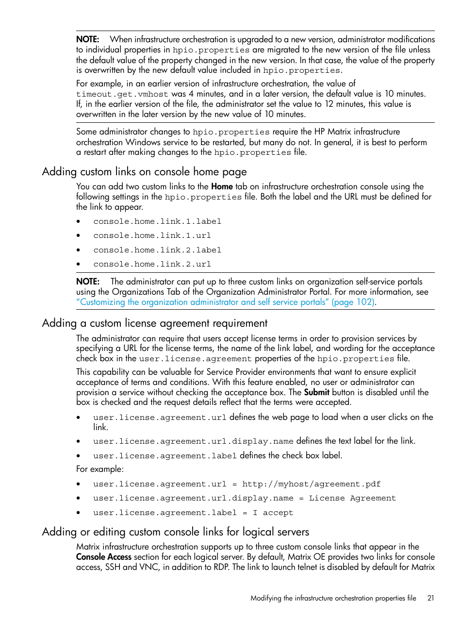 Adding a custom license agreement requirement, Adding custom links on console home page | HP Matrix Operating Environment Software User Manual | Page 21 / 264