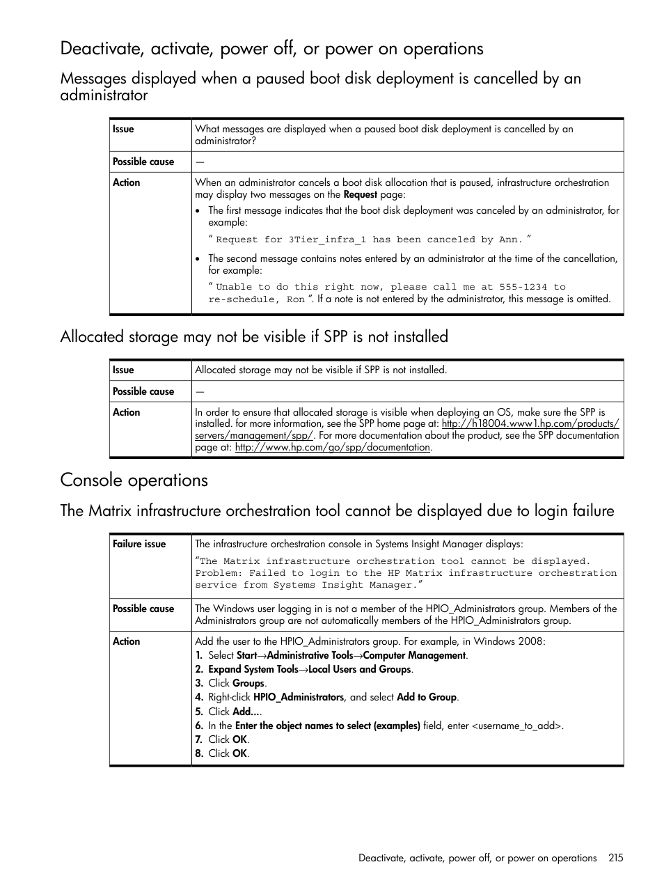 Console operations | HP Matrix Operating Environment Software User Manual | Page 215 / 264