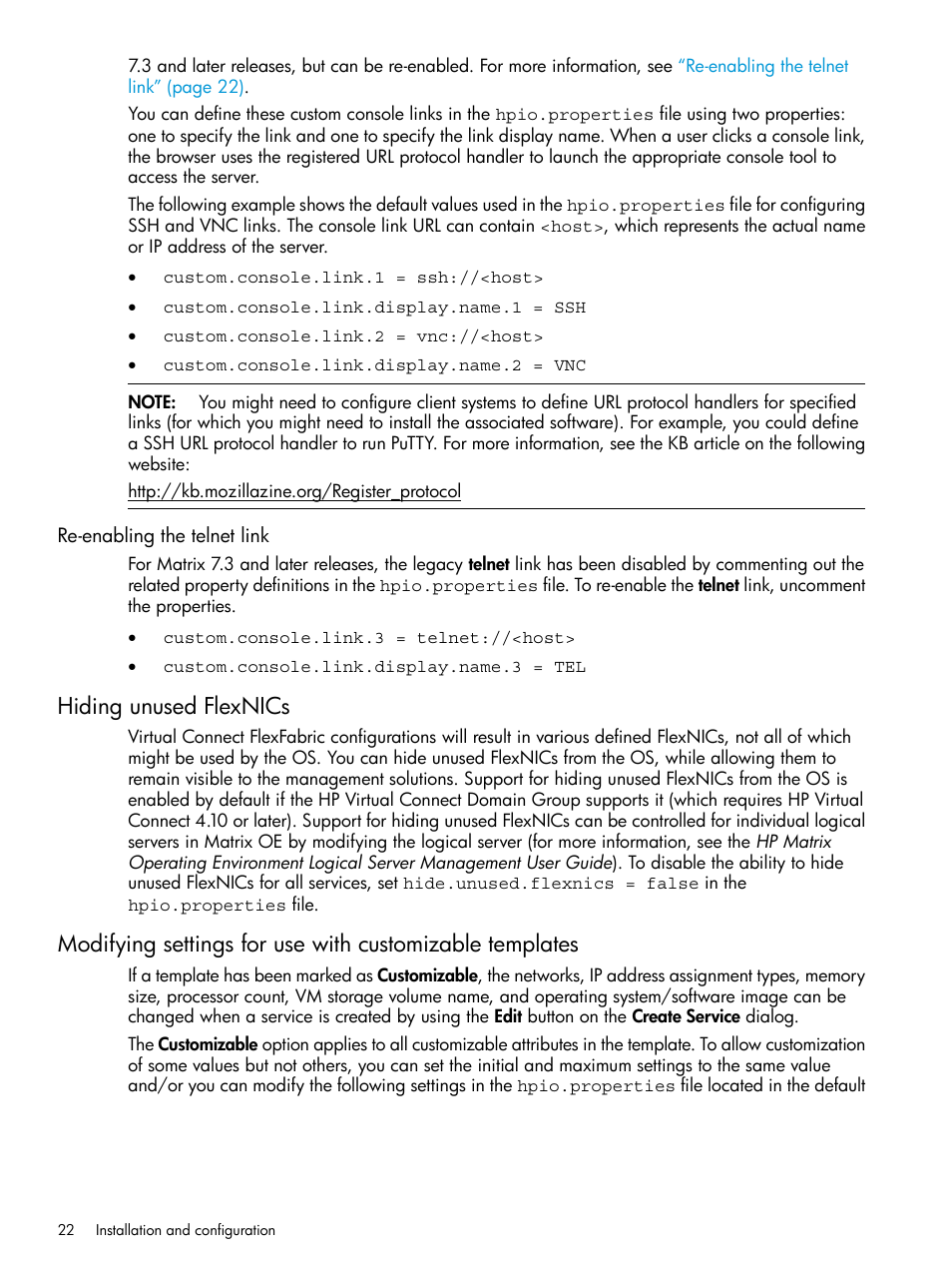 Re-enabling the telnet link, Hiding unused flexnics | HP Matrix Operating Environment Software User Manual | Page 22 / 264