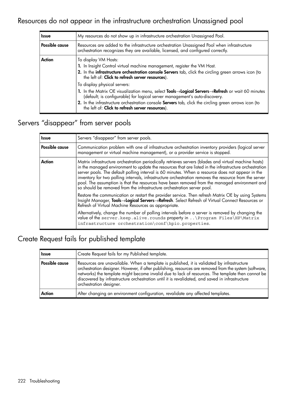 Servers “disappear” from server pools, Create request fails for published template | HP Matrix Operating Environment Software User Manual | Page 222 / 264