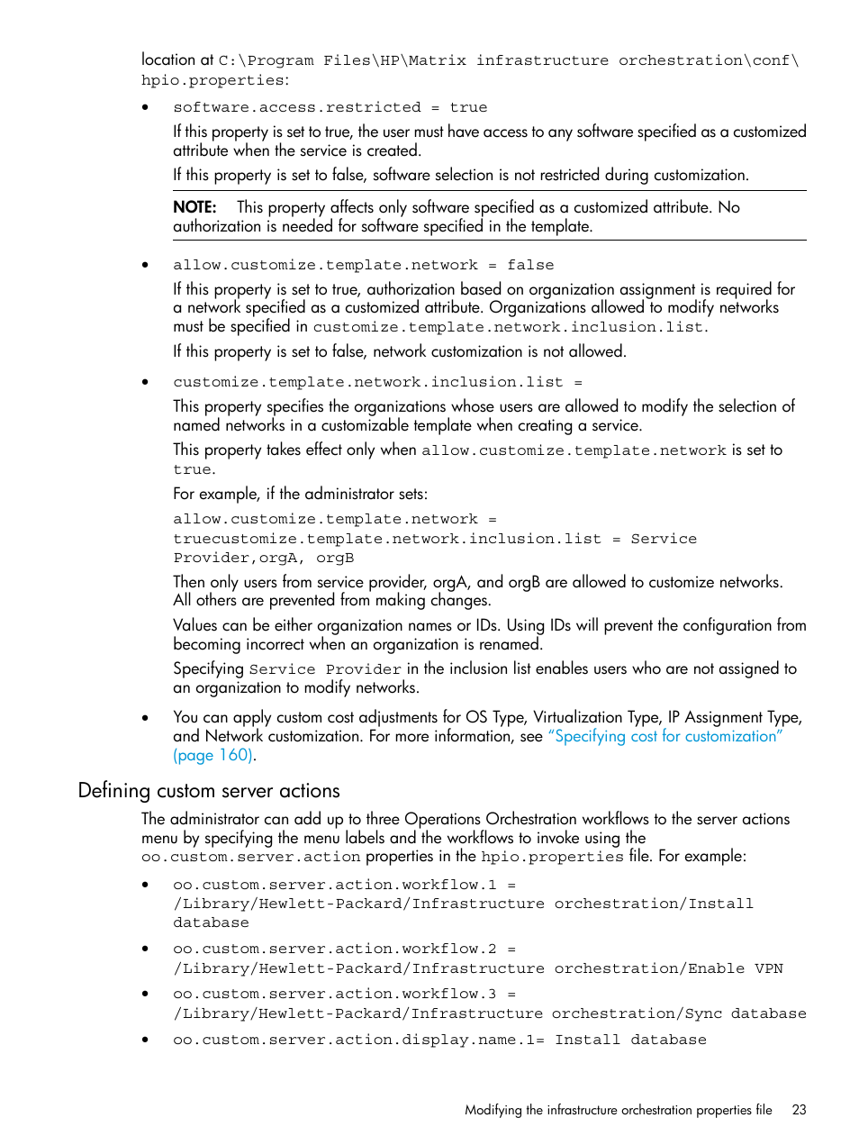 Defining custom server actions | HP Matrix Operating Environment Software User Manual | Page 23 / 264