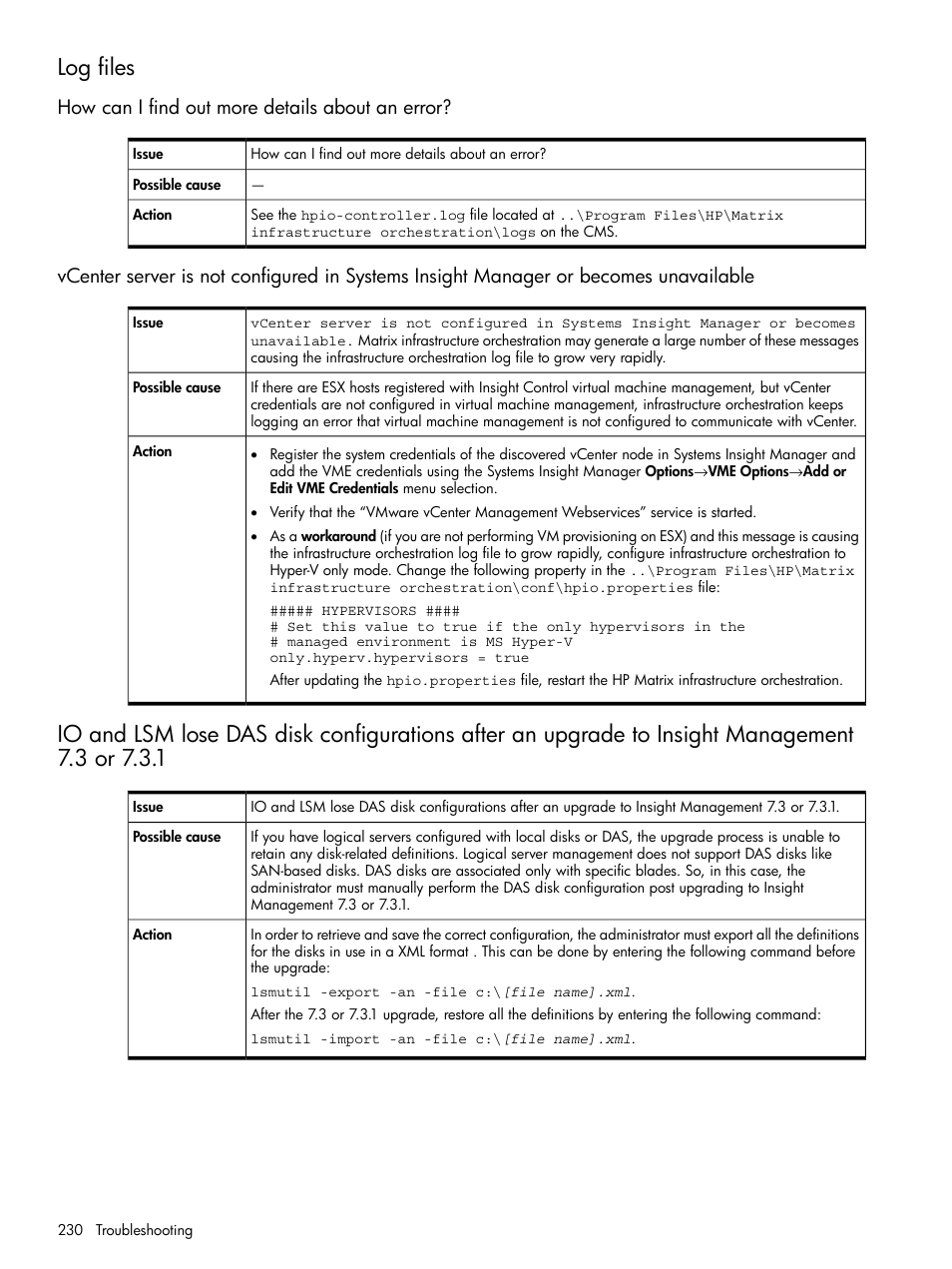 Log files, How can i find out more details about an error | HP Matrix Operating Environment Software User Manual | Page 230 / 264