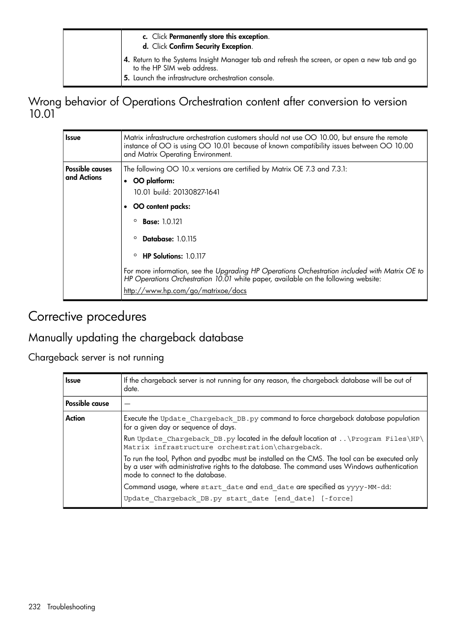 Corrective procedures, Manually updating the chargeback database, Chargeback server is not running | HP Matrix Operating Environment Software User Manual | Page 232 / 264