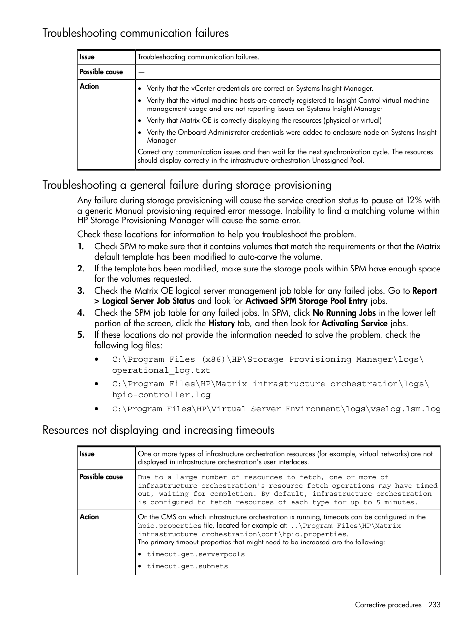 Troubleshooting communication failures, Resources not displaying and increasing timeouts | HP Matrix Operating Environment Software User Manual | Page 233 / 264