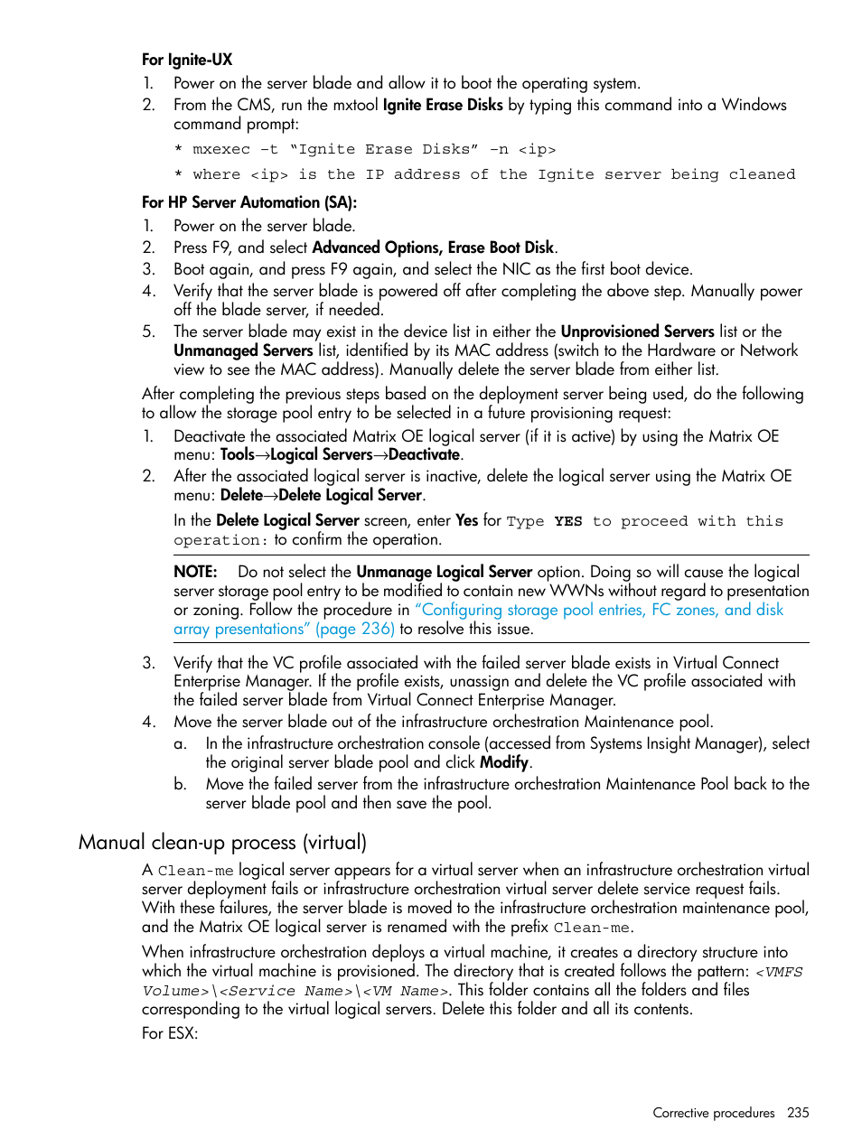 Manual clean-up process (virtual) | HP Matrix Operating Environment Software User Manual | Page 235 / 264