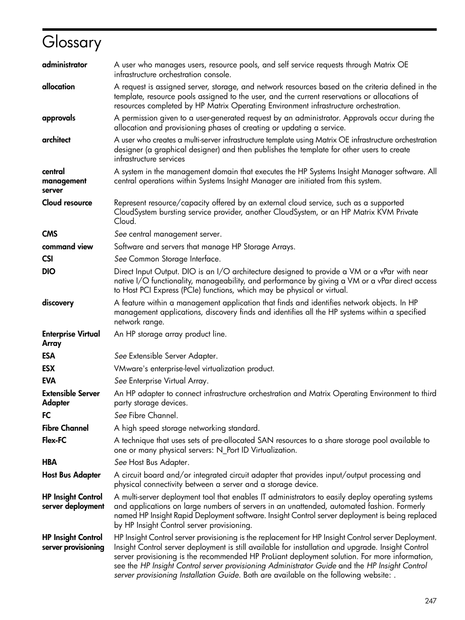 Glossary, Administrator | HP Matrix Operating Environment Software User Manual | Page 247 / 264