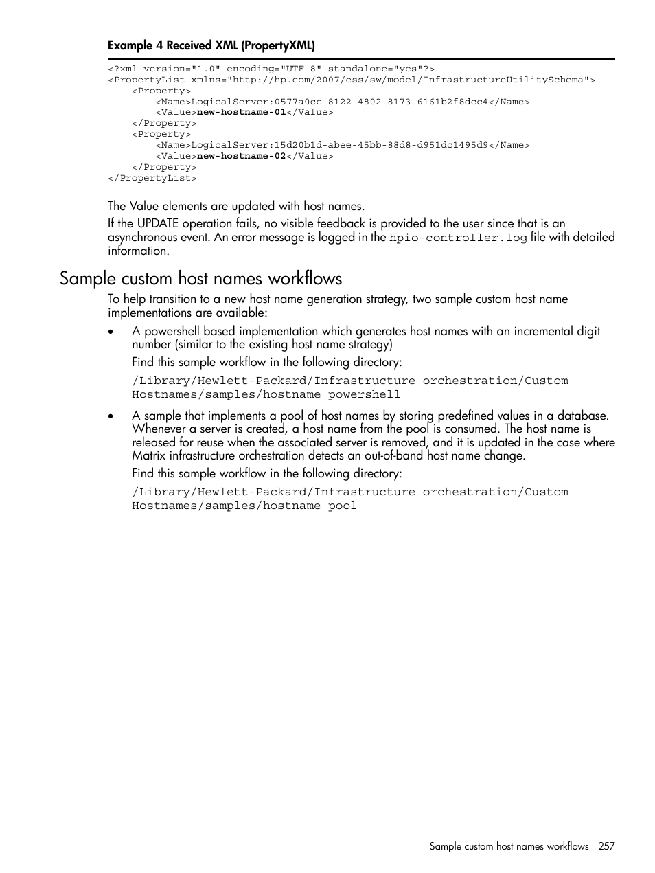 Sample custom host names workflows | HP Matrix Operating Environment Software User Manual | Page 257 / 264