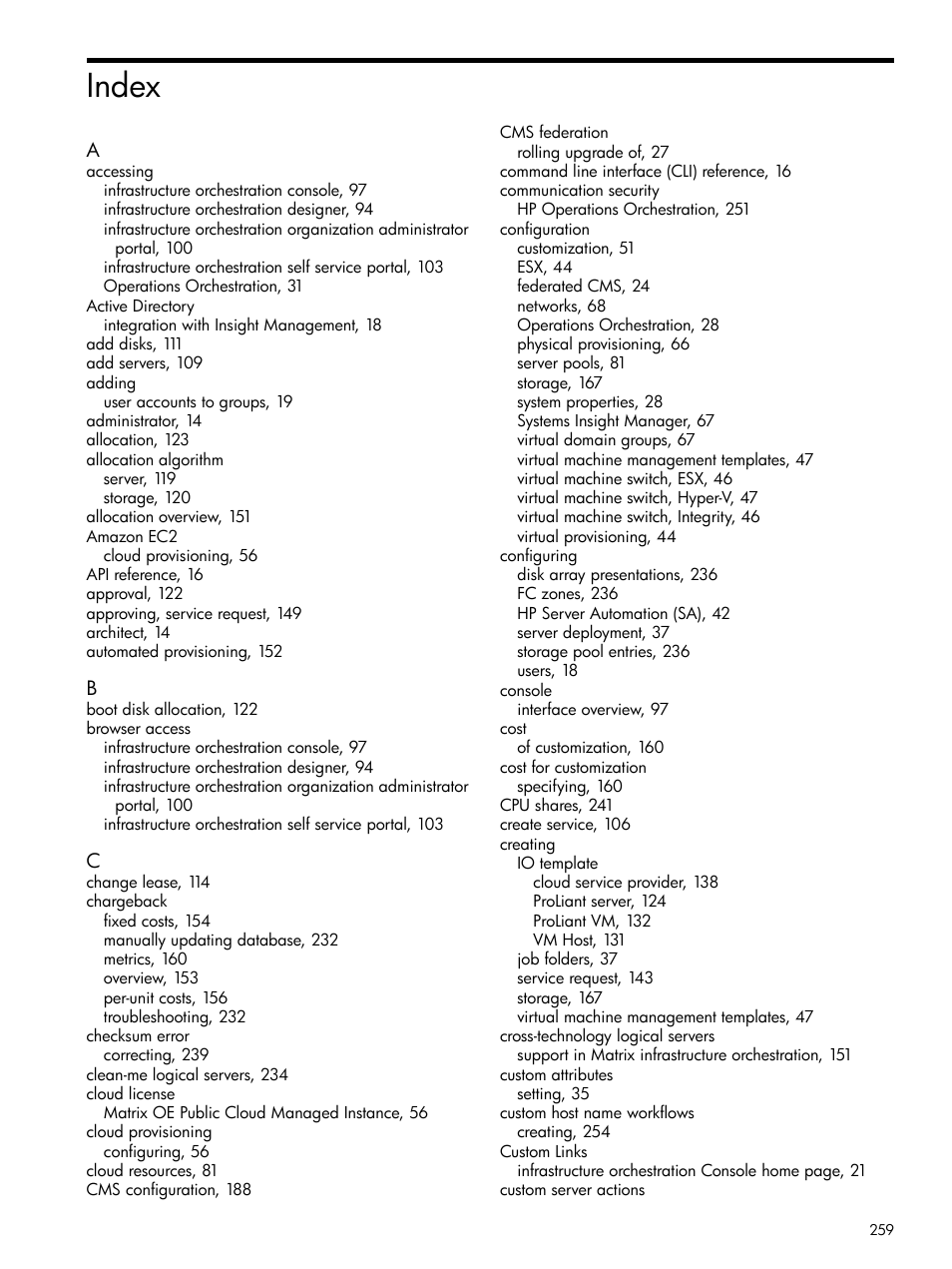 Index | HP Matrix Operating Environment Software User Manual | Page 259 / 264