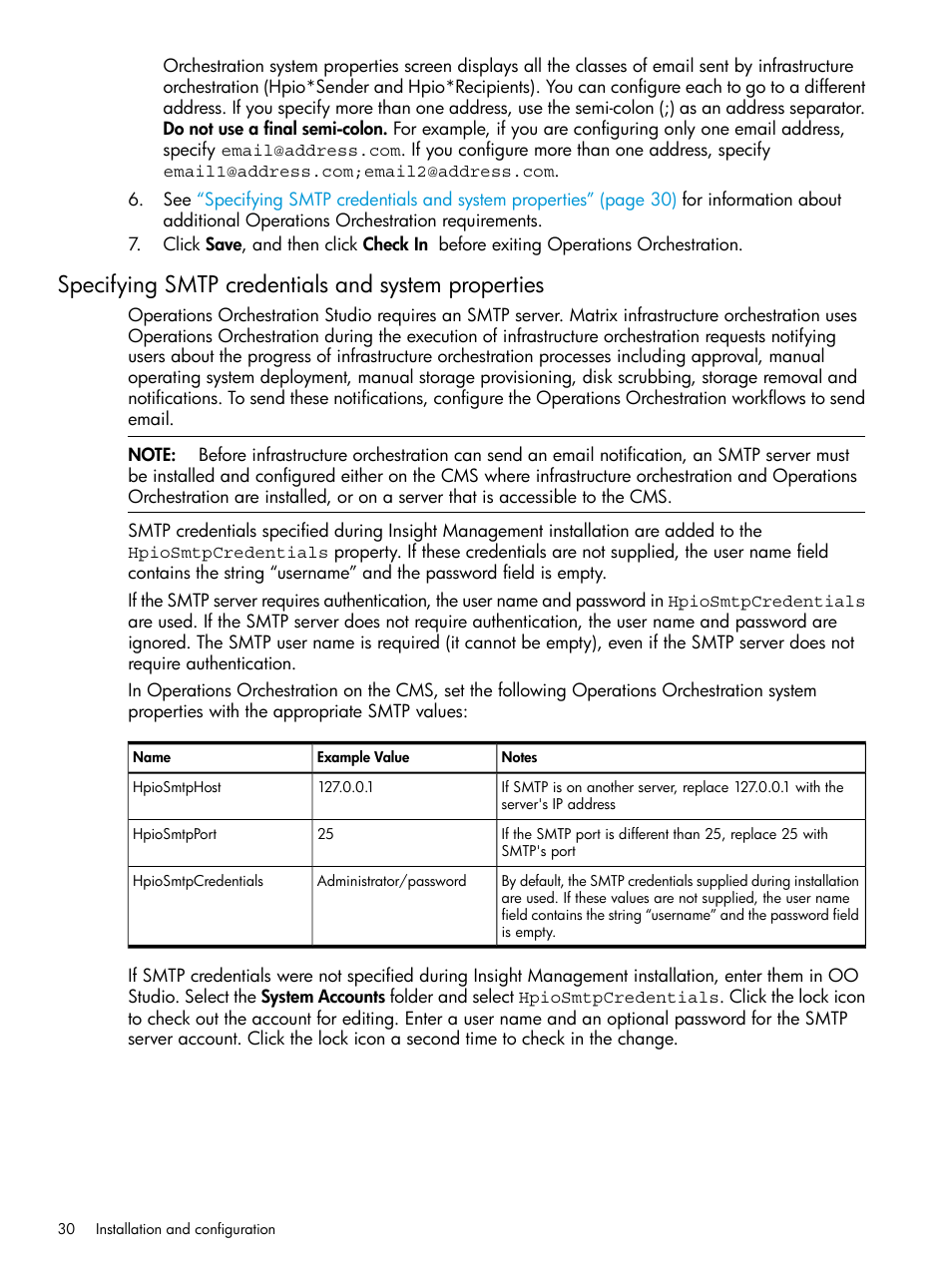 Specifying smtp credentials and system properties | HP Matrix Operating Environment Software User Manual | Page 30 / 264